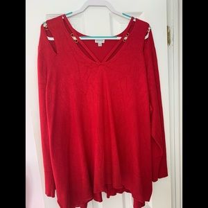 Red sweater with gold ring details around the next and shoulder area. size 26/28